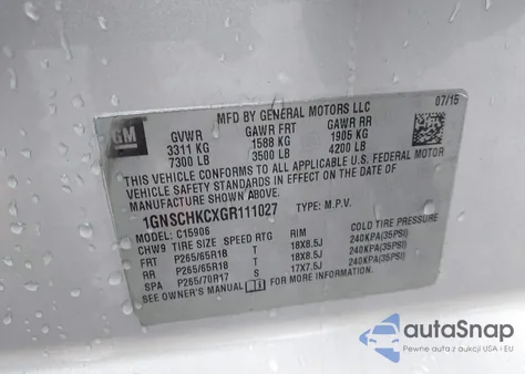 2016 Chevrolet Suburban Lt z USA, uszkodzony, nr VIN 1GNSCHKCXGR111027